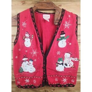 Basic Editions Holiday Sweater Vest Womens XL  Red Christmas Snowman Snowflake‎